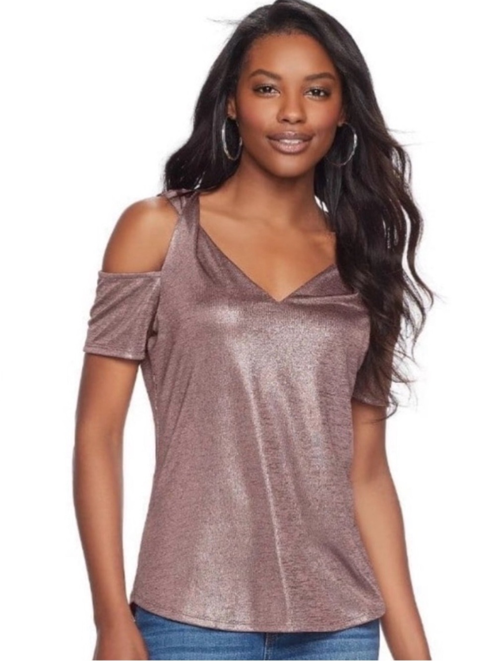 NWOT - JUICY COUTURE Metallic Mauve Cold Shoulder Shimmer V Neck Top L